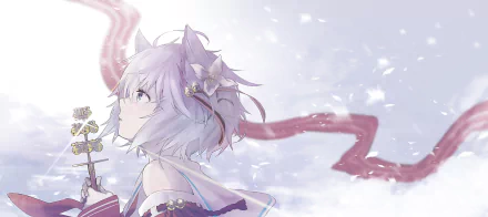 HD anime-style original desktop wallpaper featuring a white-haired character with fox ears and delicate accessories against a soft, snowy background.