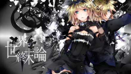 HD desktop wallpaper featuring anime Vocaloid characters Len and Rin Kagamine in dark, detailed outfits with a monochrome, abstract background.