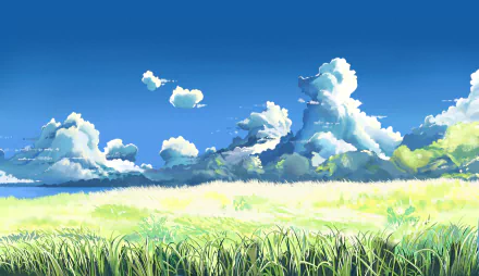 A vibrant fantasy landscape with lush green grass under a bright blue sky dotted with fluffy white clouds, rendered in 4K Ultra HD for PC desktop wallpaper.