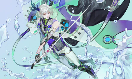 Anime original character with short white hair, horns and pointed ears, wearing gloves and a flowing cloak while wielding a pole weapon amid swirling water, HD PC desktop wallpaper/background.