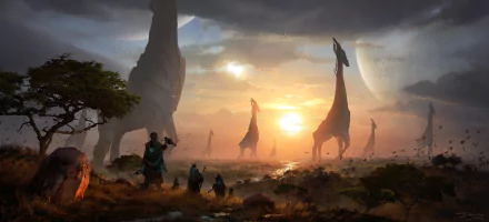 A stunning fantasy landscape HD wallpaper depicting towering, otherworldly structures at sunset, with mysterious figures in the foreground and a distant planet in the sky.