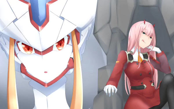HD wallpaper featuring anime character Zero Two from Darling in the FranXX. She has long pink hair, green eyes, and horns, with her robot Strelizia in the background, both in distinctive outfits.
