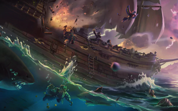 A dynamic Sea of Thieves HD desktop wallpaper, depicting a pirate ship under attack, with pirates, a parrot wearing an eye patch, a shark in the water, and cannon fire lighting up the scene.