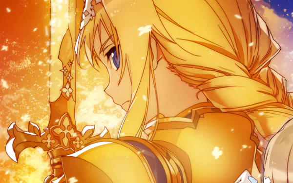 HD desktop wallpaper featuring Alice Zuberg from Sword Art Online: Alicization. The anime character is depicted holding a sword with a determined expression, surrounded by a warm, glowing background.