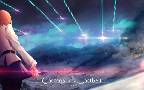 HD PC desktop wallpaper featuring Fujimaru Ritsuka from the anime Fate/Grand Order, set against a vibrant cosmic sky with laser-like beams and a mountainous landscape.