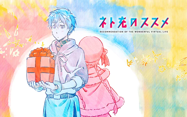 HD anime desktop wallpaper featuring Hayashi and Lily from Recovery of an MMO Junkie (Net-Juu no Susume) with a colorful, soft pastel background.