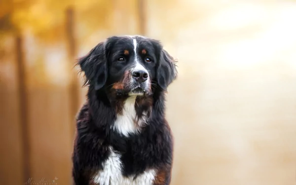 HD desktop wallpaper featuring a Bernese Mountain Dog with glossy black, white, and brown fur against a warm, softly blurred background.