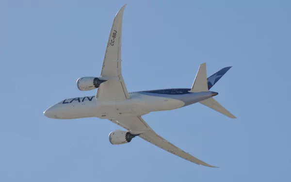 HD desktop wallpaper featuring a Boeing 787 Dreamliner passenger aircraft soaring against a clear blue sky.