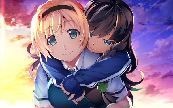 HD PC desktop wallpaper featuring two characters from the anime Grisaia: Phantom Trigger against a vivid sunset sky background.