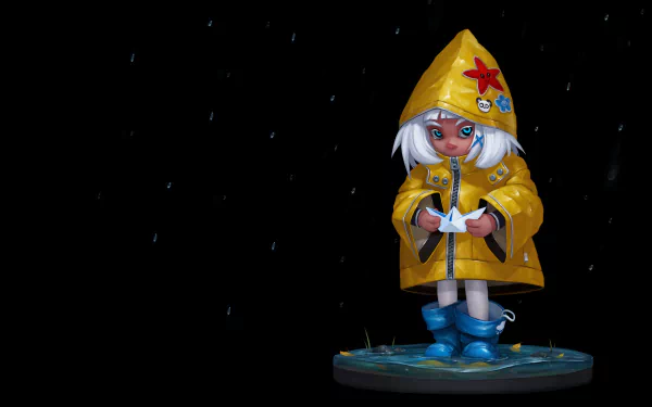 Artistic HD desktop wallpaper of a little girl with white hair and blue eyes in a yellow raincoat, holding a paper boat, standing in a puddle under falling rain.
