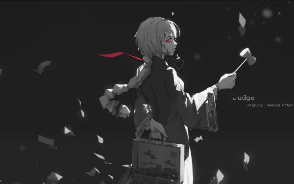 HD anime wallpaper of Jeanne d'Arc from Fate/Grand Order as Ruler, featuring her long hair, red eyes, a suitcase, and a cross-themed hammer in a dark, dramatic scene.