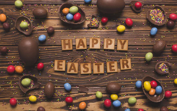 A 4K Ultra HD still life of Easter sweets and chocolate candies arranged around Scrabble tiles spelling Happy Easter on a wooden background.