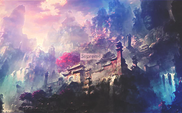 HD desktop wallpaper featuring a stunning, man-made ancient temple nestled in vibrant, colorful mountains with misty peaks and the Supreme brand logo integrated in the center.