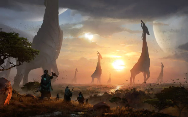 A stunning fantasy landscape HD wallpaper depicting towering, otherworldly structures at sunset, with mysterious figures in the foreground and a distant planet in the sky.