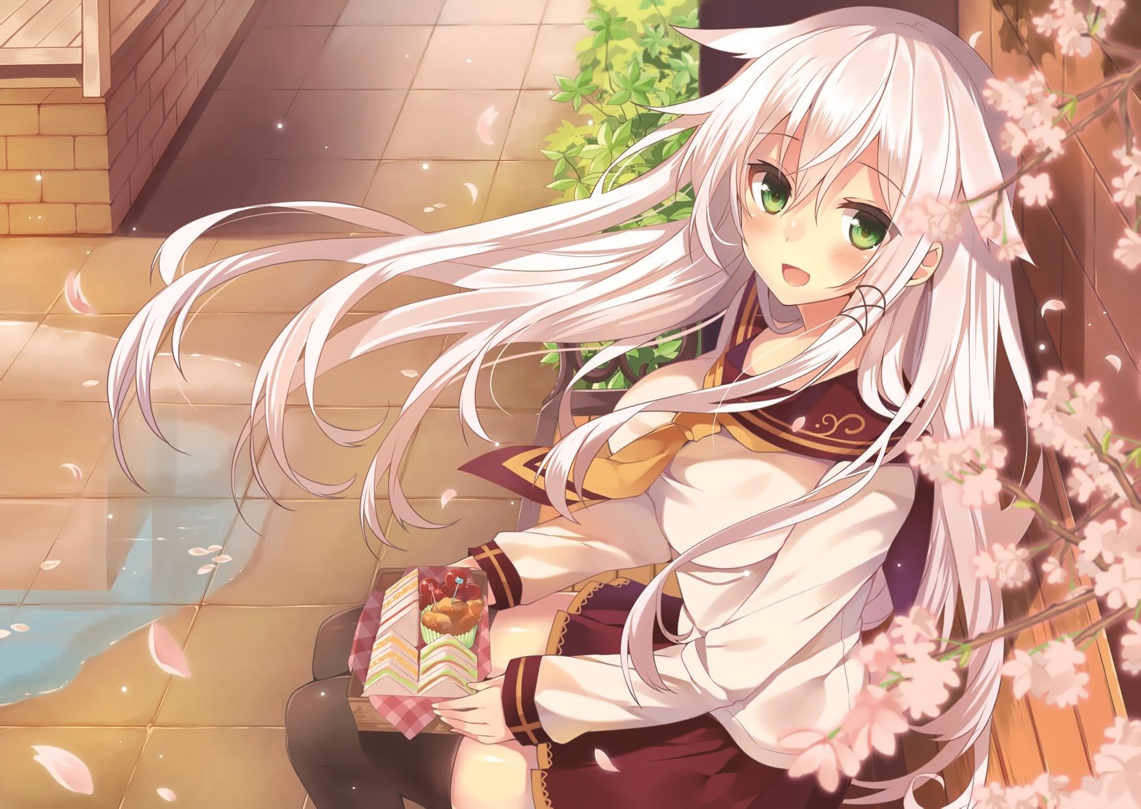 Anime girl with white hair and green eyes, wearing a school uniform and thigh-high socks, eating lunch and surrounded by falling flower petals. She smiles and blushes, sitting near a building. HD wallpaper.