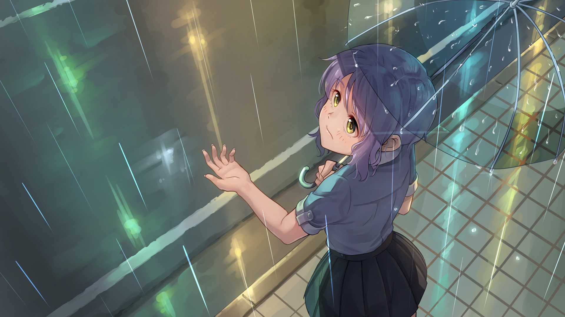 HD anime desktop wallpaper featuring Mizuki Makabe from THE iDOLM@STER: Million Live! standing in the rain, looking upward with a reflective expression.