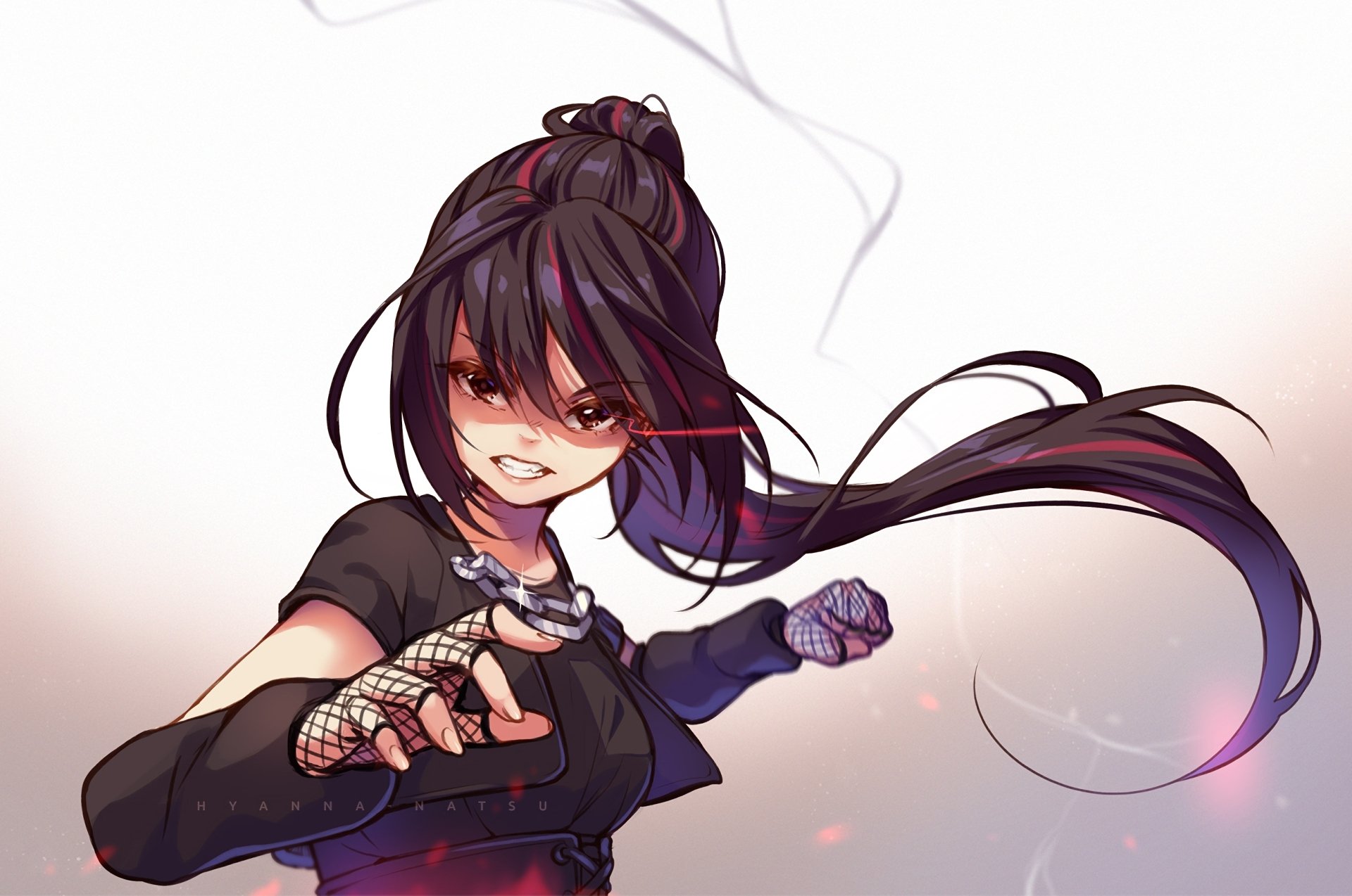 HD anime original artwork featuring a confident girl with long, flowing dark hair and fingerless gloves, captured mid-action against a soft gradient background.
