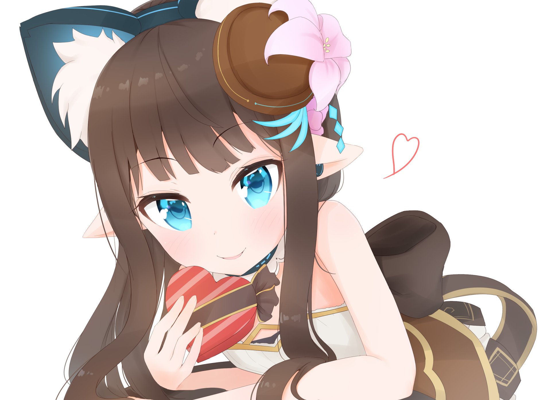 Anime original 2K Quad HD PC desktop wallpaper of a brown-haired, blue-eyed girl with ram horns and a flower, holding a heart-shaped box and smiling with a small doodled heart.