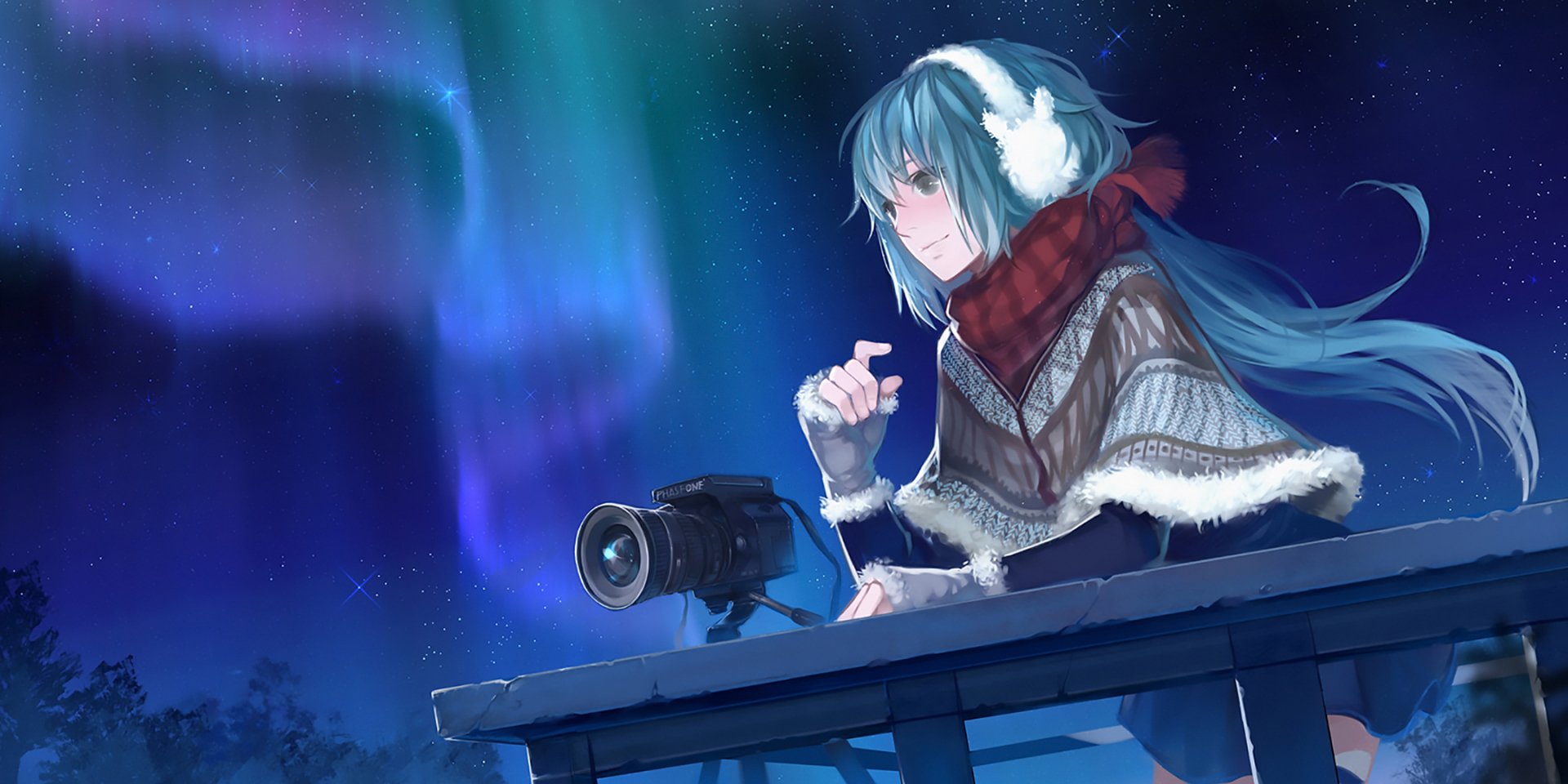 HD anime desktop wallpaper featuring Hatsune Miku from Vocaloid, dressed in winter attire with earmuffs, capturing a serene night sky illuminated by northern lights.