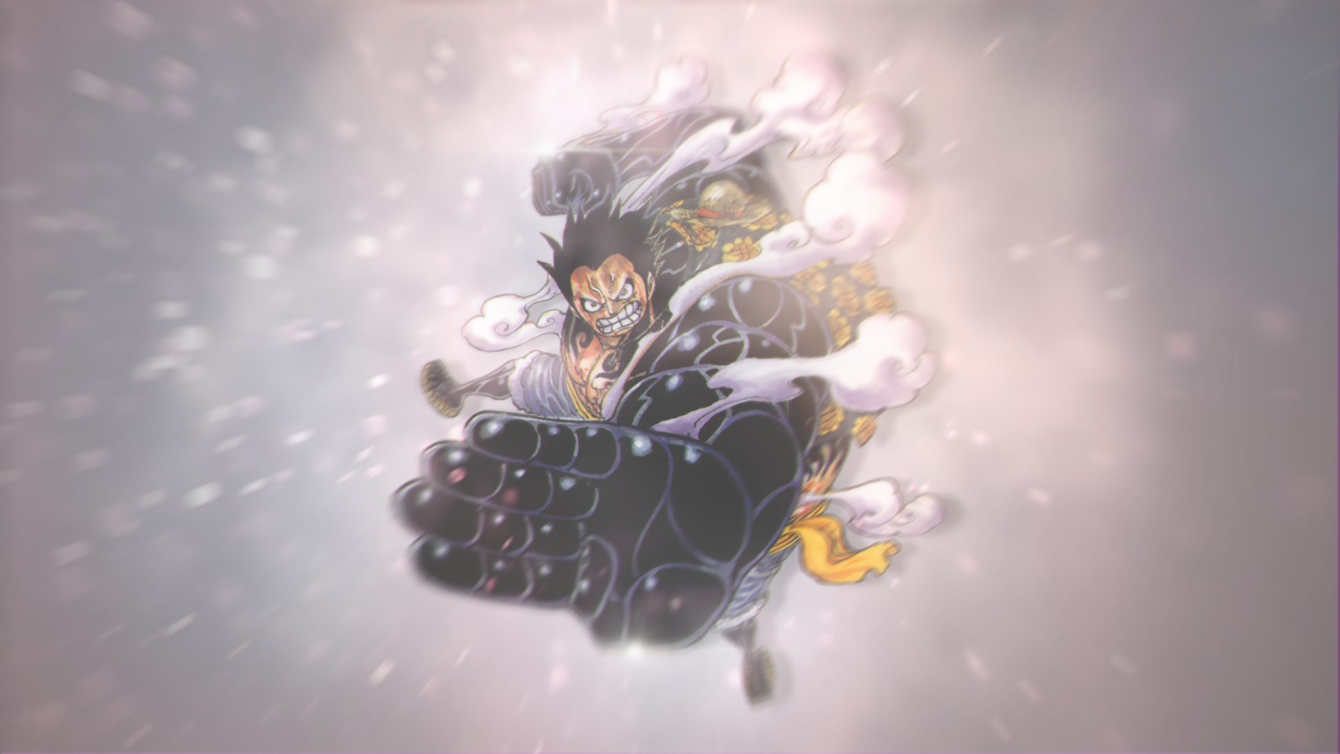 HD wallpaper of Monkey D. Luffy in Gear Fourth form from the anime One Piece, featuring dynamic action against a soft, glowing background.