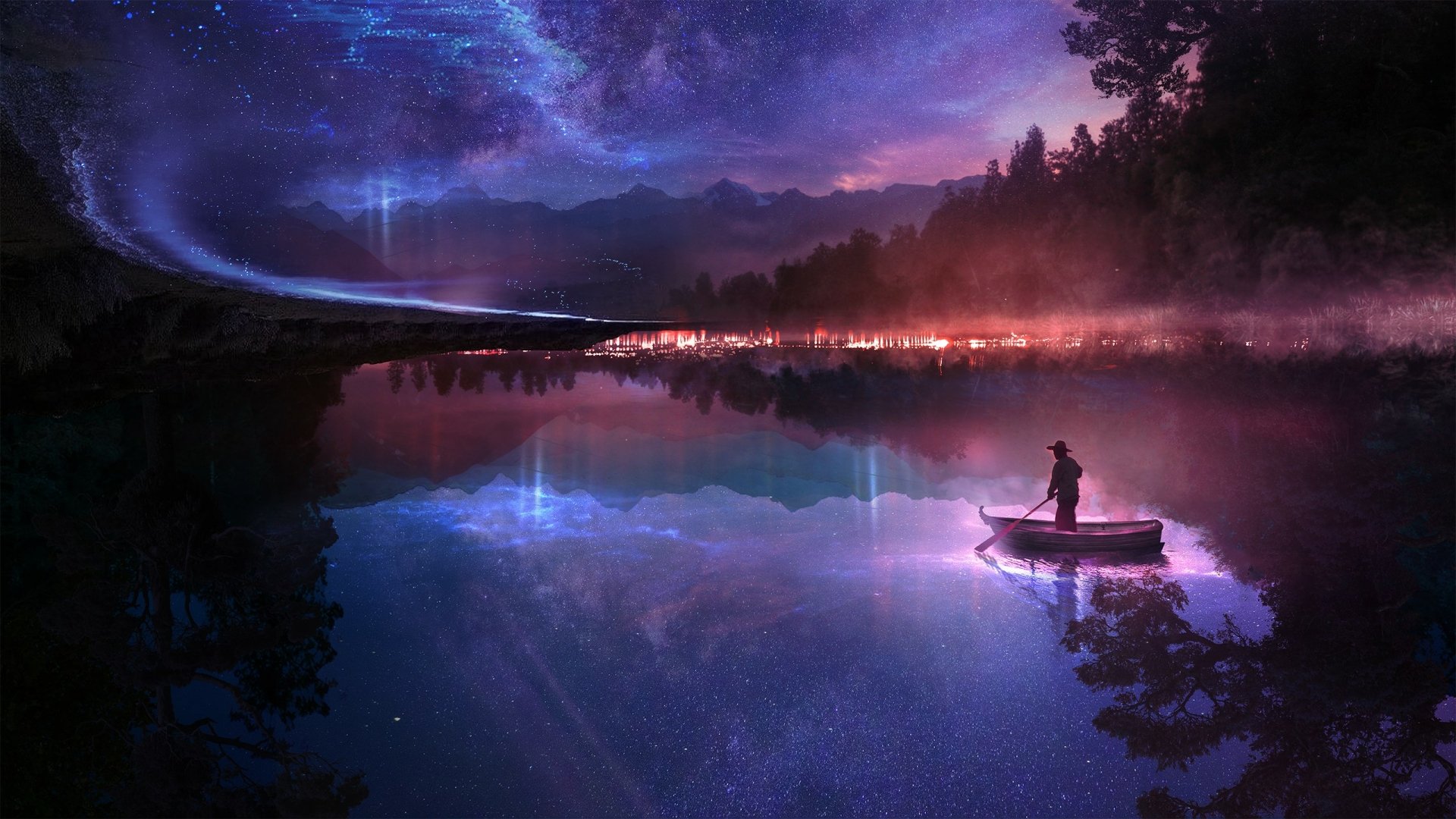 A lone boat on a serene lake at night, surrounded by a vibrant, fantastical landscape. The water reflects the starry sky and distant lights, creating a tranquil, dreamlike scene. HD wallpaper and background.