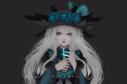 HD anime-style original artwork of a pale girl with long white hair, wearing a large black hat adorned with blue roses, holding a glowing blue orb on a dark background.