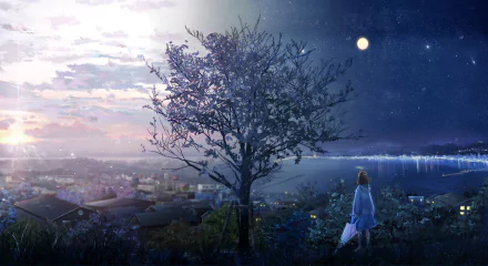 A stunning HD anime wallpaper depicts a serene sunrise with sunbeams breaking through clouds. A moonlit sky complements a figure in a raincoat holding an umbrella by a tree, overlooking buildings and water.