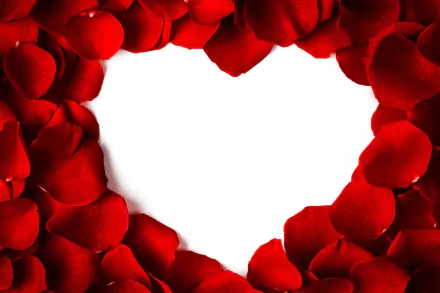 HD desktop wallpaper featuring red rose petals arranged in a heart shape, representing love and romance.