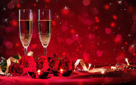 Two champagne glasses, red roses, and lit candles against a red bokeh background with heart shapes create a romantic Valentine's Day 4K Ultra HD desktop wallpaper.