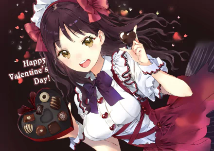 Anime-style original HD PC wallpaper featuring a cheerful girl in a maid outfit holding a heart-shaped chocolate box with Happy Valentine's Day! text and floating petals.