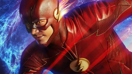 HD PC desktop wallpaper featuring The Flash from the 2014 TV show, showcasing the hero in his iconic red suit against a dynamic, energetic background.
