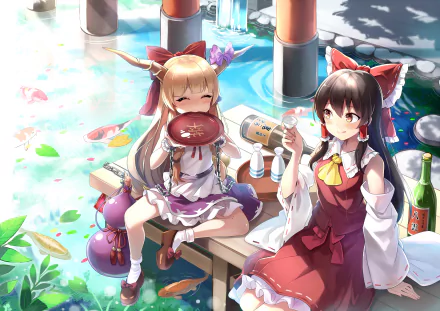 HD anime desktop wallpaper featuring Suika Ibuki and Reimu Hakurei from Touhou, enjoying a peaceful moment by the water surrounded by bottles and nature.