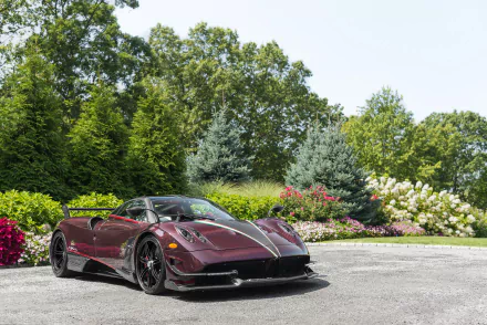 Maroon Pagani Huayra Roadster BC supercar parked on a driveway surrounded by gardens and trees — high-resolution 2K Quad HD PC desktop wallpaper of the Pagani Huayra vehicle.