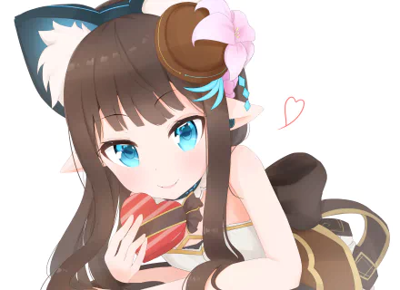 Anime original 2K Quad HD PC desktop wallpaper of a brown-haired, blue-eyed girl with ram horns and a flower, holding a heart-shaped box and smiling with a small doodled heart.