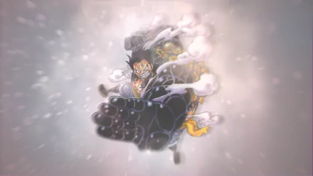 HD wallpaper of Monkey D. Luffy in Gear Fourth form from the anime One Piece, featuring dynamic action against a soft, glowing background.