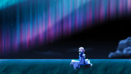 Violet Evergarden anime character sitting beneath vibrant northern lights in this HD PC desktop wallpaper and background.