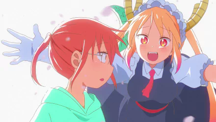 HD anime wallpaper featuring Tohru and Kobayashi from Miss Kobayashi's Dragon Maid, with Tohru excitedly reaching out to a surprised Kobayashi.