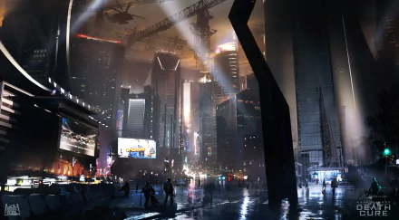 HD desktop wallpaper of Maze Runner: The Death Cure featuring a futuristic, heavily urbanized cityscape at night, illuminated by bright lights with prominent skyscrapers and construction cranes.