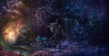 HD fantasy PC wallpaper depicting a mystical creature standing near a waterfall inside a glowing cave surrounded by vibrant nature in surreal, dark tones.