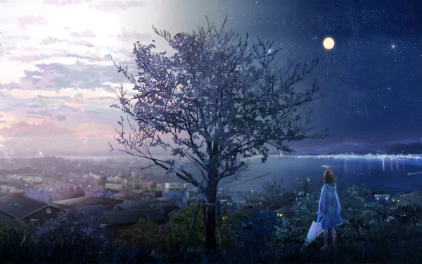 A stunning HD anime wallpaper depicts a serene sunrise with sunbeams breaking through clouds. A moonlit sky complements a figure in a raincoat holding an umbrella by a tree, overlooking buildings and water.