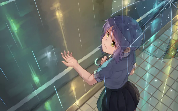 HD anime desktop wallpaper featuring Mizuki Makabe from THE iDOLM@STER: Million Live! standing in the rain, looking upward with a reflective expression.