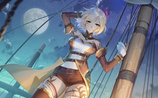 Anime Romantic Saga of Beauty & Devil Blonde Short Hair Yellow Eyes Moon Shorts Sky HD Wallpaper | Background Image