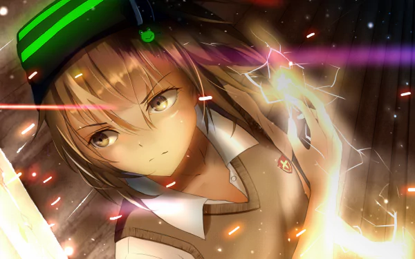 A character from Toaru Majutsu no Index and A Certain Scientific Railgun, featuring short brown hair and brown eyes in a school uniform, channeling energy amidst a dynamic background.