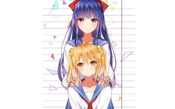 An HD desktop wallpaper featuring Popuko and Pipimi from the anime Pop Team Epic, depicted with colorful geometric shapes in the background.