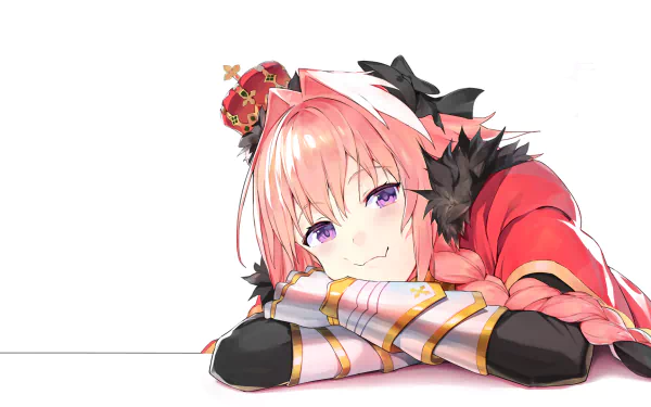 HD desktop wallpaper featuring Rider of Black (Astolfo) from Fate/Apocrypha, showcasing a detailed anime character with pink hair and a red, decorative outfit.