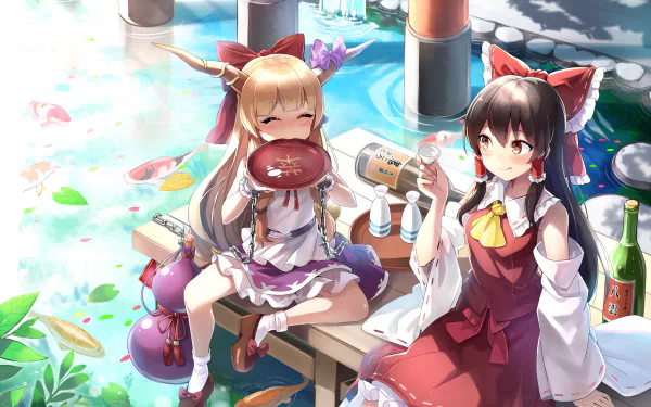 HD anime desktop wallpaper featuring Suika Ibuki and Reimu Hakurei from Touhou, enjoying a peaceful moment by the water surrounded by bottles and nature.