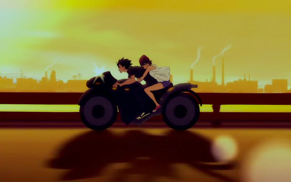 HD wallpaper of Miki Makimura and Akira Fudo from the anime Devilman: Crybaby, riding a motorcycle against a sunset backdrop with an industrial skyline.