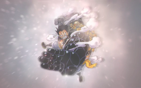 HD wallpaper of Monkey D. Luffy in Gear Fourth form from the anime One Piece, featuring dynamic action against a soft, glowing background.