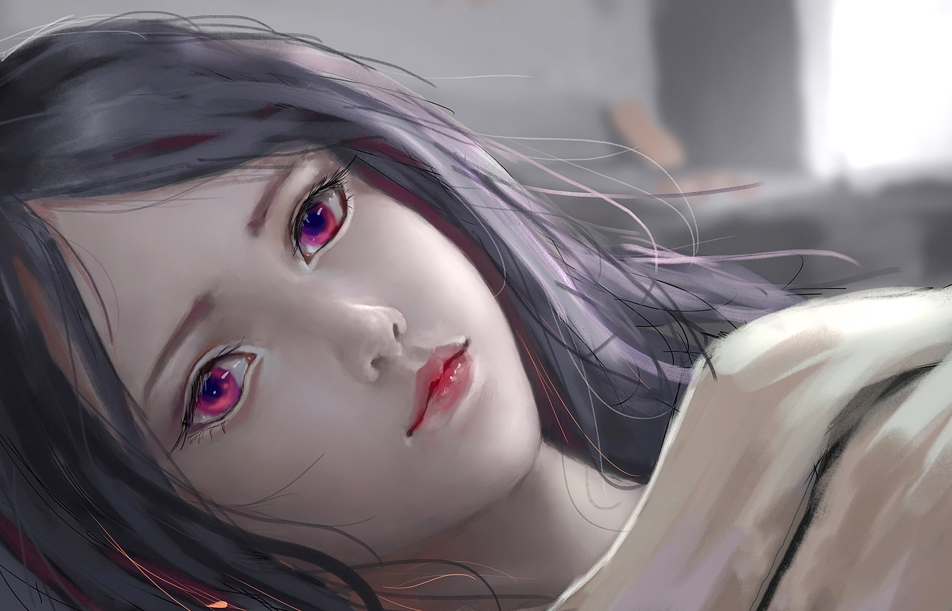 Anime original HD PC desktop wallpaper and background: close-up of a reclining girl with long dark hair, vivid purple-pink eyes, soft lighting and a pale blanket, calm intimate portrait.