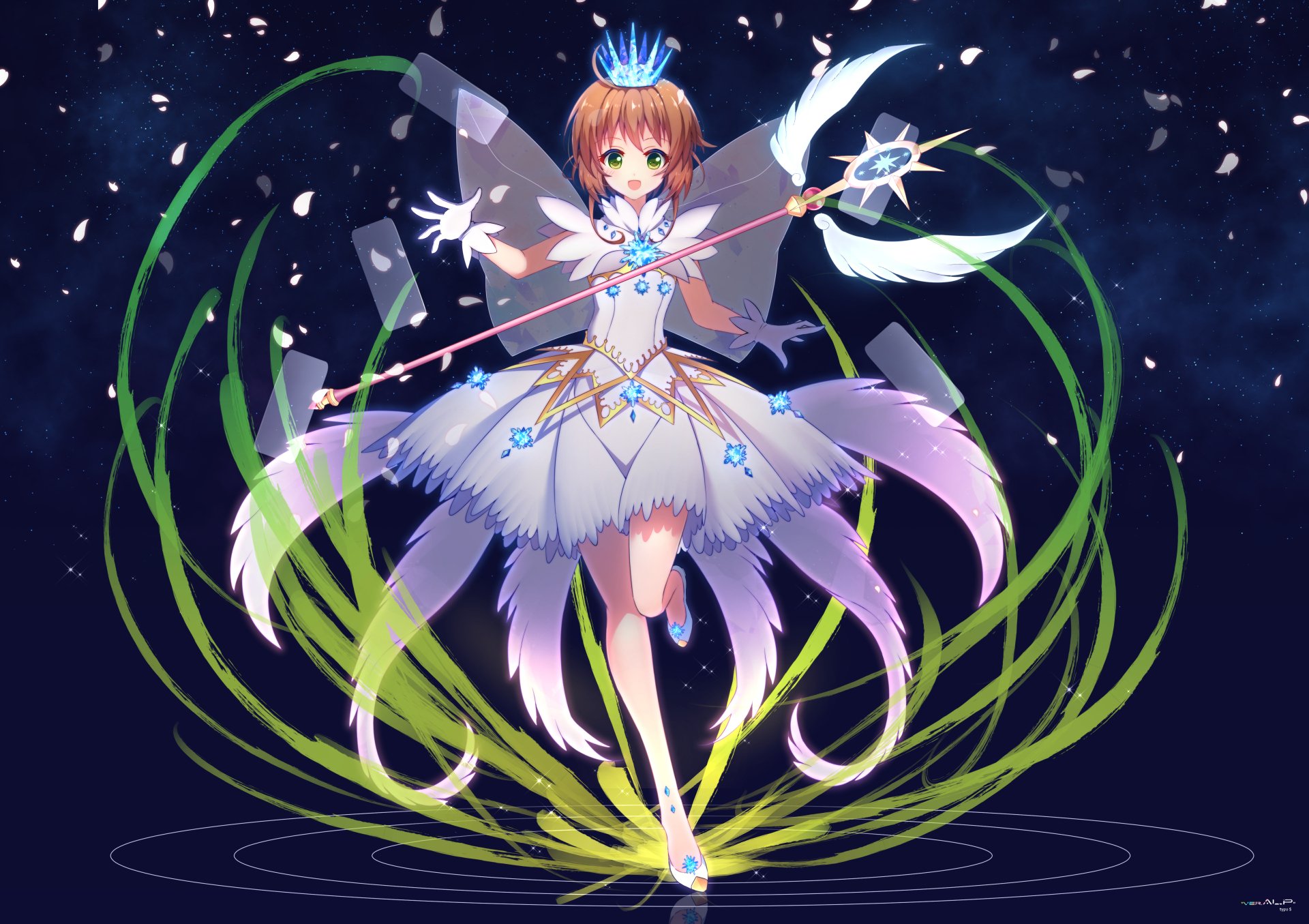Sakura Kinomoto from Cardcaptor Sakura in a magical, glowing white dress with swirling green energy, set against a dark background in 4K Ultra HD anime artwork.